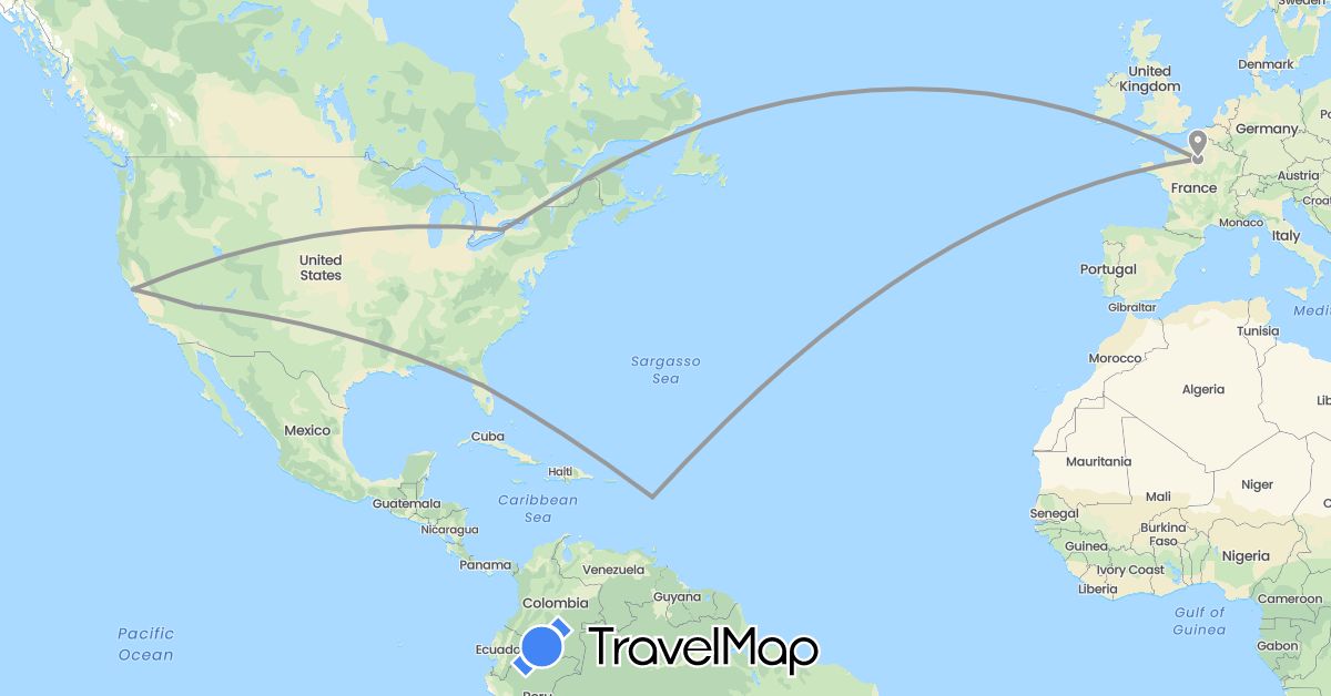 TravelMap itinerary: driving, plane in Canada, France, Guadeloupe, United States (Europe, North America)